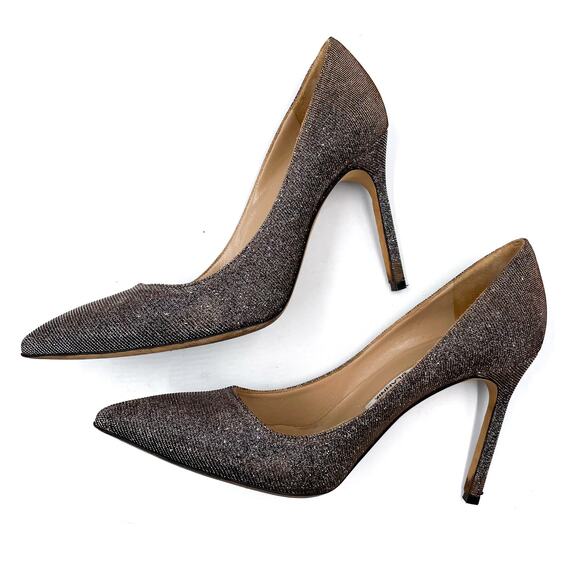 Manolo Blahnik BB Pumps Glitter Stiletto Heels Pointed Toe Dark Gold Sz 37 / 7 - Picture 6 of 8